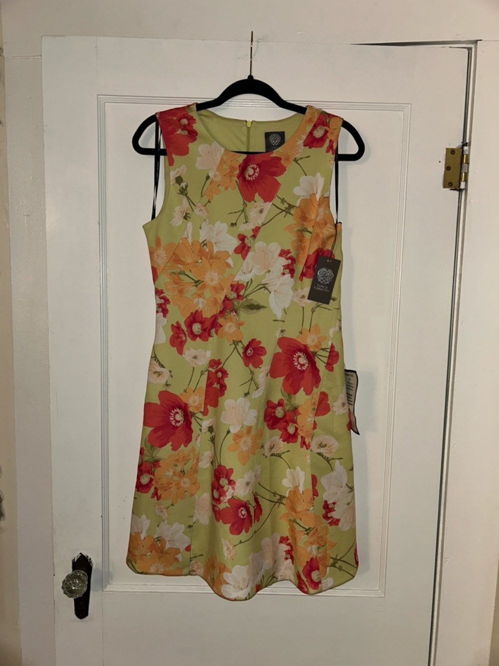 Vince Camuto Olive Floral Sheath Dress with Orange & Red Blooms - Picture 2 of 5